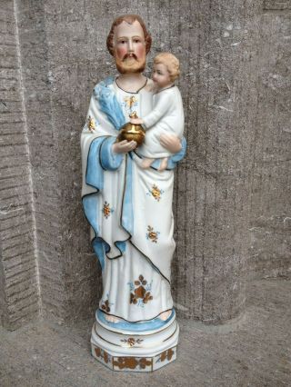 Antique Porcelain Bisque St Joseph Child Jesus Altar Standing Figurine Statue
