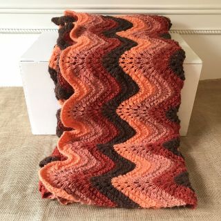 Vintage Retro Hand Crocheted Granny Afghan Blanket Throw Orange Brown Boho