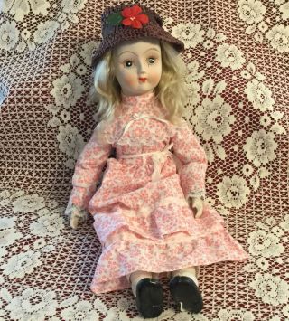 Walda Bisque Porcelain Doll,  Painted Head Shoes Eyes 17 " Tall Unknown Date Hat
