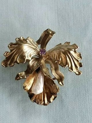 Antique 10k Yellow Gold Orchid Brooch Pin Pendant W/mississippi Pearl & Amethyst