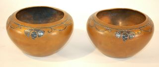 Pair Silvercrest Arts & Crafts - Sterling On Bronze Vase Indian Bowl Shape -