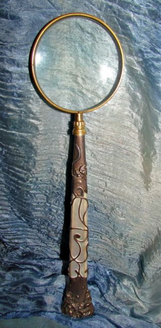 Antique Sterling Silver Mother Of Pearl Large Magnifying Glass Marked