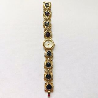 Vintage Le Baron Ornate Abalone Cabochon Bracelet Watch Battery 2