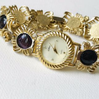 Vintage Le Baron Ornate Abalone Cabochon Bracelet Watch Battery 4