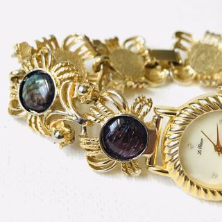 Vintage Le Baron Ornate Abalone Cabochon Bracelet Watch Battery 5