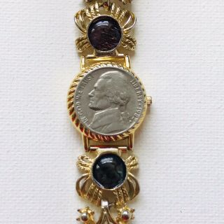 Vintage Le Baron Ornate Abalone Cabochon Bracelet Watch Battery 6