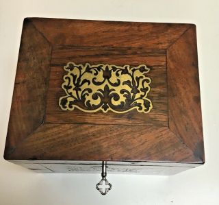 Antique 1870s Victorian Mahogny Inlaid wood Key lock tea Box Brass scroll inlays 2