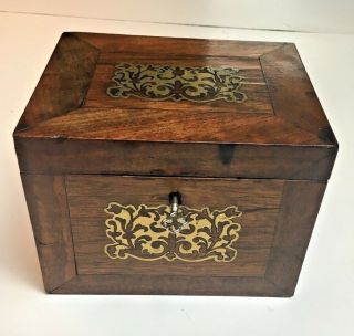 Antique 1870s Victorian Mahogny Inlaid wood Key lock tea Box Brass scroll inlays 3