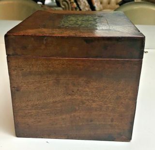 Antique 1870s Victorian Mahogny Inlaid wood Key lock tea Box Brass scroll inlays 4