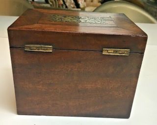 Antique 1870s Victorian Mahogny Inlaid wood Key lock tea Box Brass scroll inlays 5