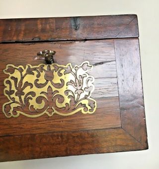 Antique 1870s Victorian Mahogny Inlaid wood Key lock tea Box Brass scroll inlays 7