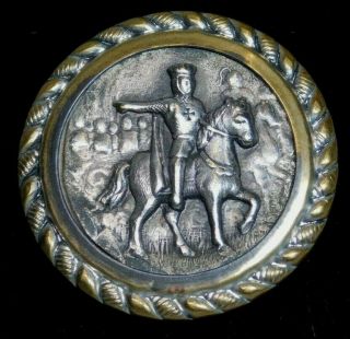 Antique Metal Picture Button King Arthur Knight On Horseback Braided Border M6