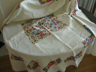 Vintage Linen Tablecloth Screen Printed Flowers Machine Hems Lovely Look,  Best