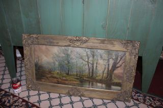 Antique Print Boy Woods Water Trees - Antique Wood Frame Floral Design - Large - Lqqk