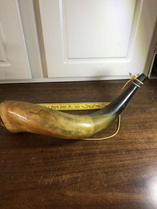Antique Powder Horn With Carvings