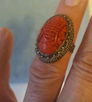 Antique Carved Cinnabar Chinese Adjustable Filigree Chunky Ring