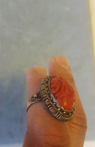 Antique carved Cinnabar Chinese adjustable filigree chunky ring 2