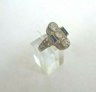 Antique Art Deco Silver Tone Filigree Sapphire Blue Clear Paste Stone Ring