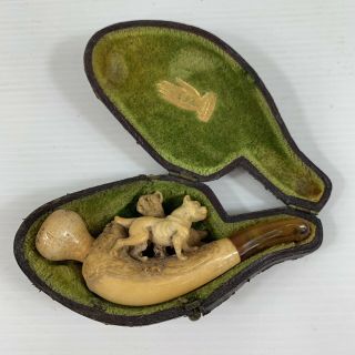 Antique Cased Meerschaum Pipe Two Carved Standing Bulldogs Case Marked L.  F.  L 9cm