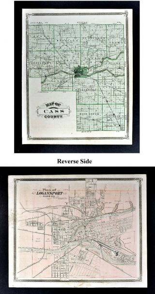 1876 Indiana Map - Cass County Map & Logansport Plan - Wabash River Georgetown