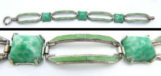 Antique Art Deco Enamel Peking Glass Green Jade Bracelet