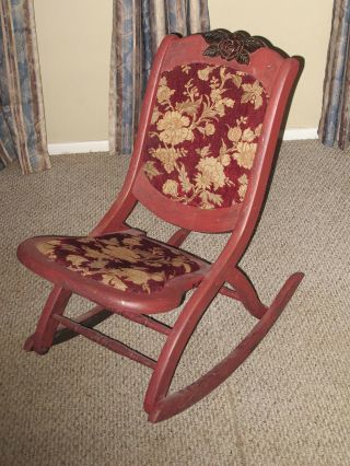 Antique Vintage Folding Rocking Chair W/ Tapestry Seat & Backing Needs Restored