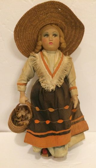 Lenci - Type Cloth Doll Outfit Tan Dress Straw Hat And Basket Wood Shoes