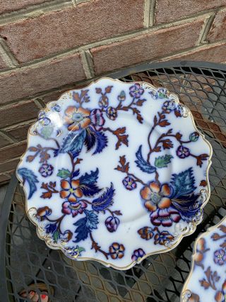 Pr Antique Porcelain Flow Blue Polychrome Flowers Leaves Gold Scroll Rim Plates 2