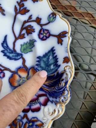 Pr Antique Porcelain Flow Blue Polychrome Flowers Leaves Gold Scroll Rim Plates 3