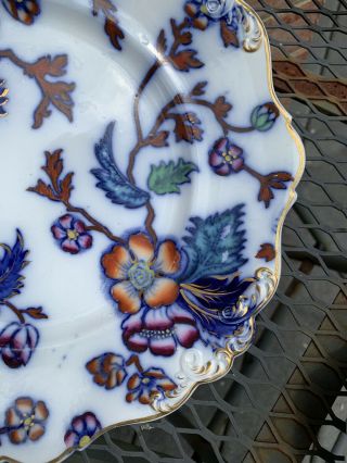 Pr Antique Porcelain Flow Blue Polychrome Flowers Leaves Gold Scroll Rim Plates 4