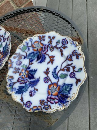 Pr Antique Porcelain Flow Blue Polychrome Flowers Leaves Gold Scroll Rim Plates 6