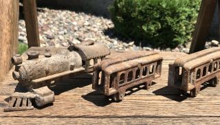 Antique Cast Iron Toy Steam Train Locomotive & 2 Cars