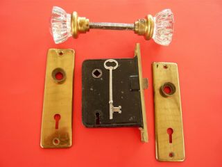 Set Of Mortise Lock With Key Glass Door Knob,  Brass Front & Back Plate / Vintage