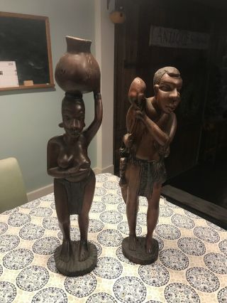 2 Rare Antique African Tribal Statue Dark Wood Wooden Pair Man Woman Hunter 24”
