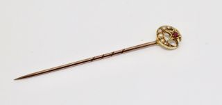 A Antique Victorian 15ct Gold Ruby & Pearl Star Crescent Stickpin 14519