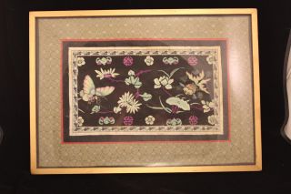 Antique Chinese Silk Embroidered Koi,  Butterfly & Bat Panel On Black