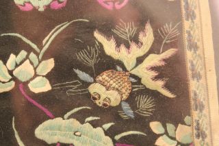 Antique Chinese Silk Embroidered Koi,  Butterfly & Bat Panel on Black 8