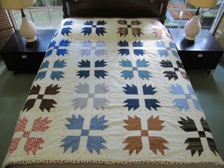 Full Vintage Feed Sack & Old Chambray Cotton Bear Paw Tied Quilt; Backing