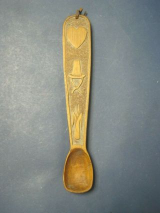 Vintage Folk Art Amish Hand Carved Wood Spoon W Heart,  Corn & Traditional Hat