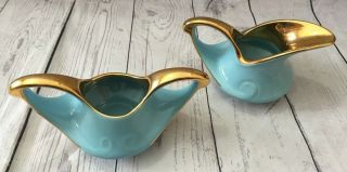 Pearl China Co Creamer & Sugar Set 22k Gold Trim Turquoise Blue Lusterware Vtg