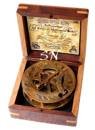 Nautical Brass Antique Sundial Compass With Hardwood Wooden Box Nautcal