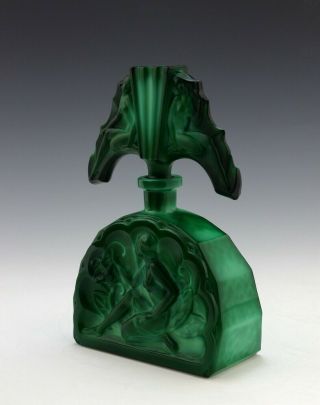Bohemian Czech Art Deco Jade Malachite Glass Perfume Bottle H.  Hoffmann
