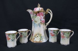 Antique Nippon Gold Encrusted Rose & Strawberry Chocolate Tea Set Pot&4 Cups Yqz