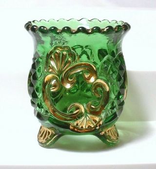 Antique Eapg Croesus Pattern Green & Gold Footed Toothpick - Riverside Glass Co.