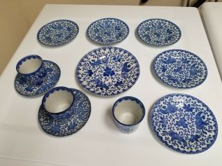 Antique Set Japan Phoenix Blue White Custard Cups & Saucers,  M,  Dessert Plates