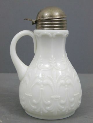 Antique Victorian Opaque Fleur - De - Lis Milk Glass Syrup Molasses Pitcher Lid
