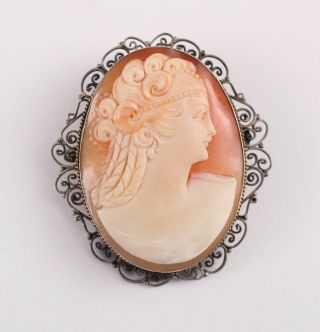 Large Antique Carved Shell Cameo Woman Profile Silver Brooch Pendant