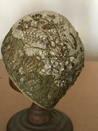 Remarkable 18th C.  Handmade Bonnet With Metallic Lace,  Sequins,  Micro Beads