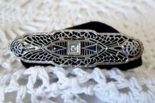 Antique/vintage 10k White Gold & Diamond/sapphires Art Deco Pin/brooch C.  1930