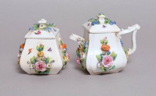 Attractive Antique Sitzendorf German Porcelain Flower Encrusted Tea Pot Sucrier